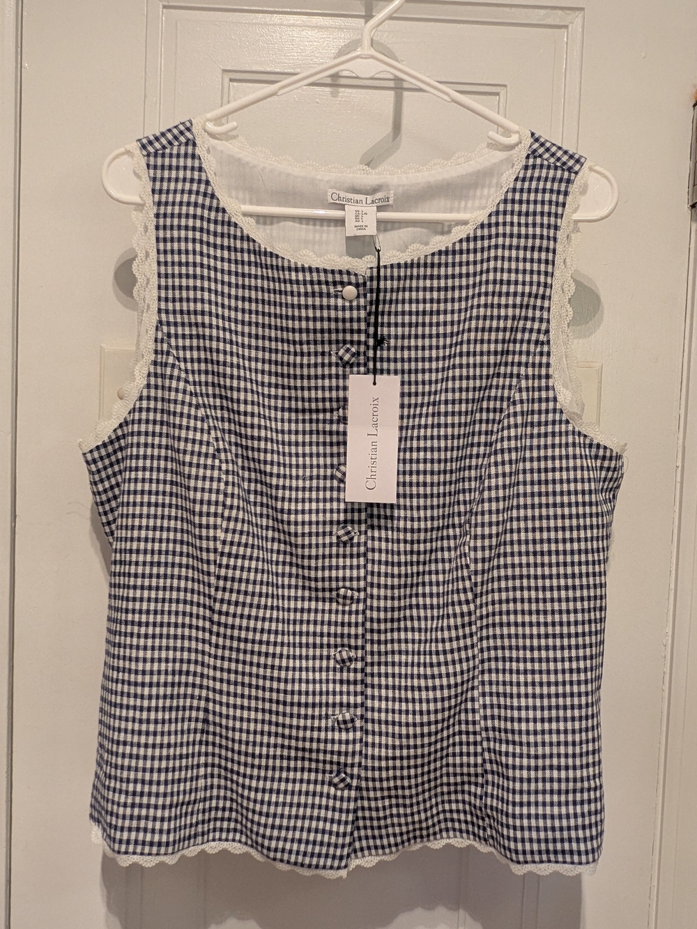 NWT Christian Lacroix Navy Gingham Lace-Trim Sleeveless Top